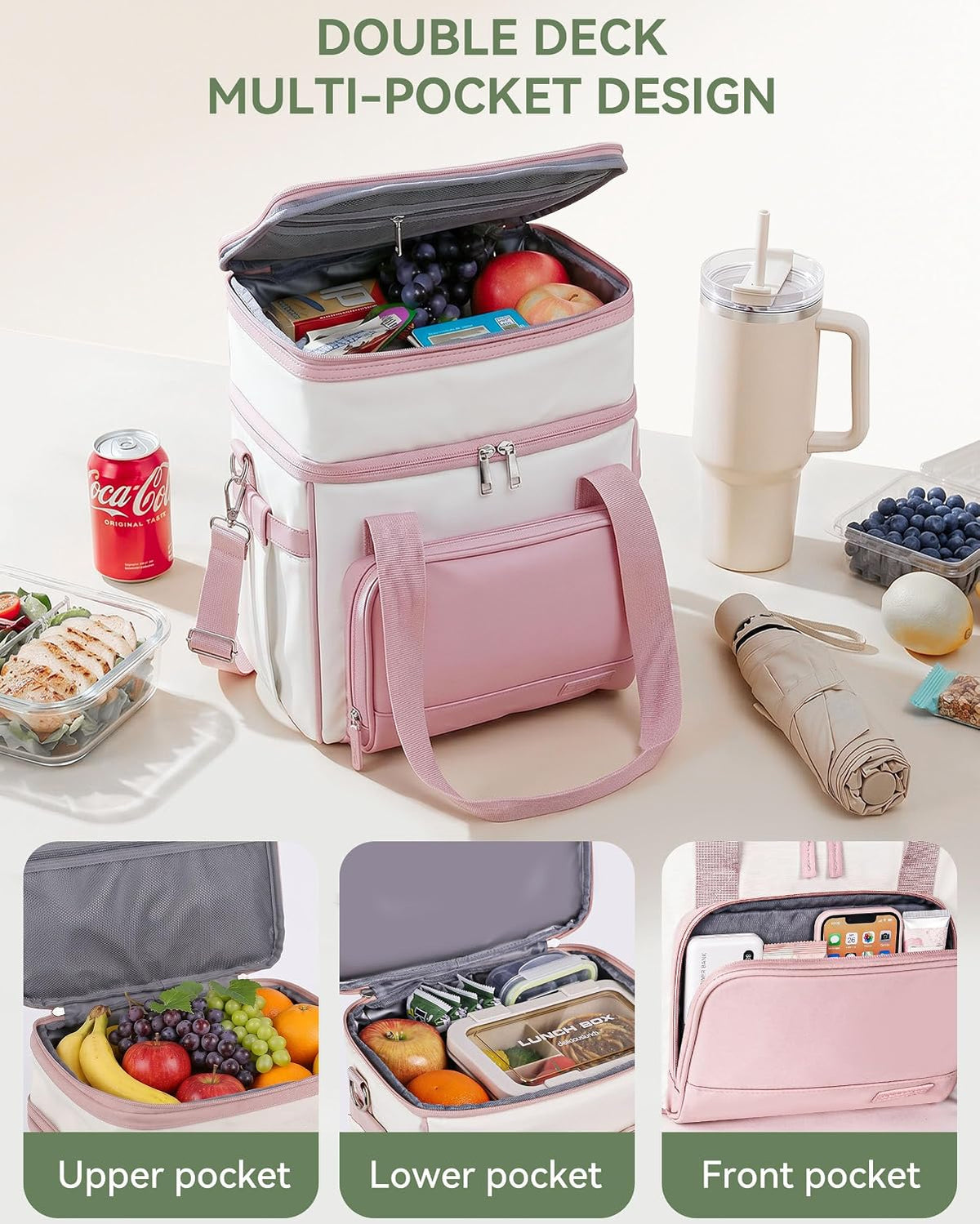 14L Double Layer Lunch Bag for Women, Expandable Cooler Tote Pink