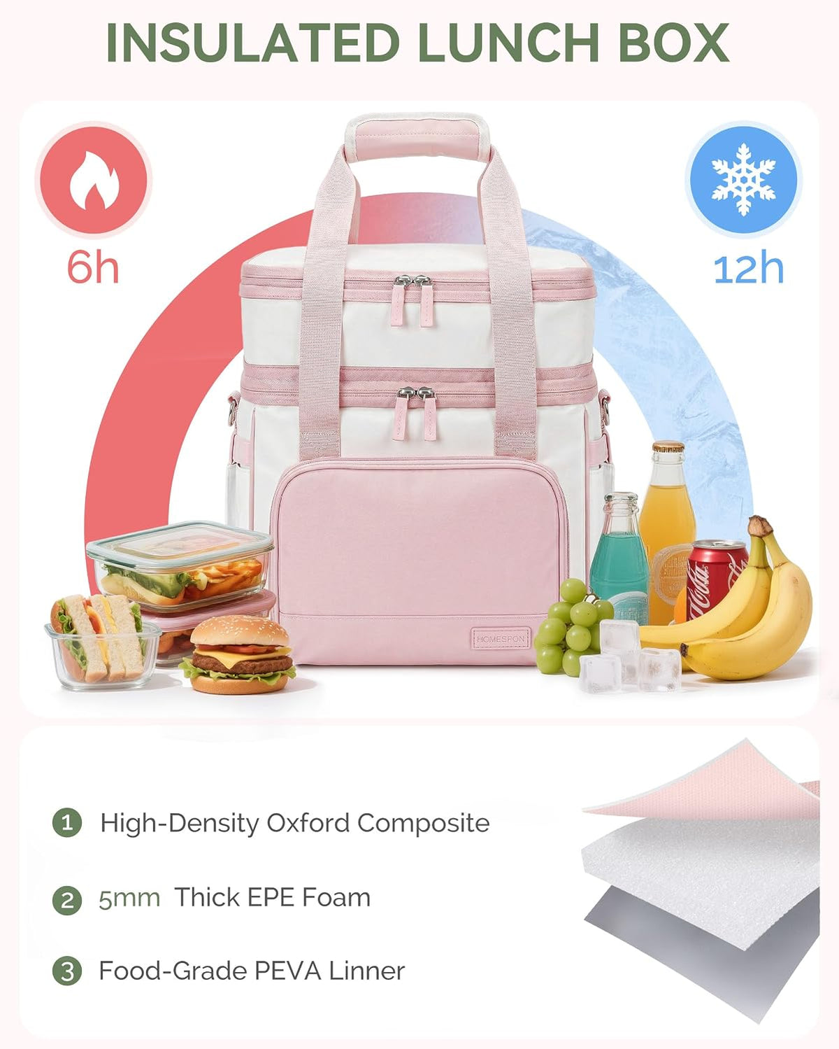 14L Double Layer Lunch Bag for Women, Expandable Cooler Tote Pink