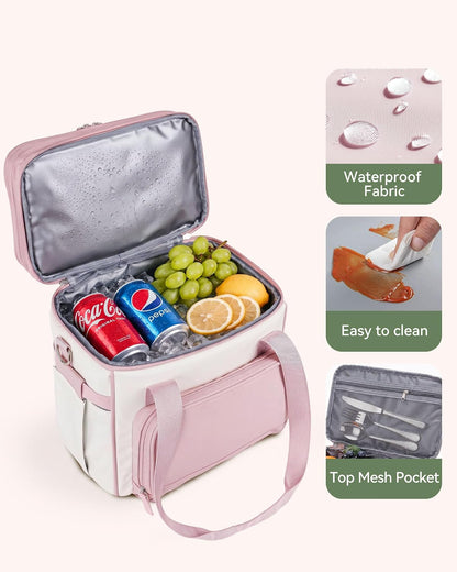 14L Double Layer Lunch Bag for Women, Expandable Cooler Tote Pink