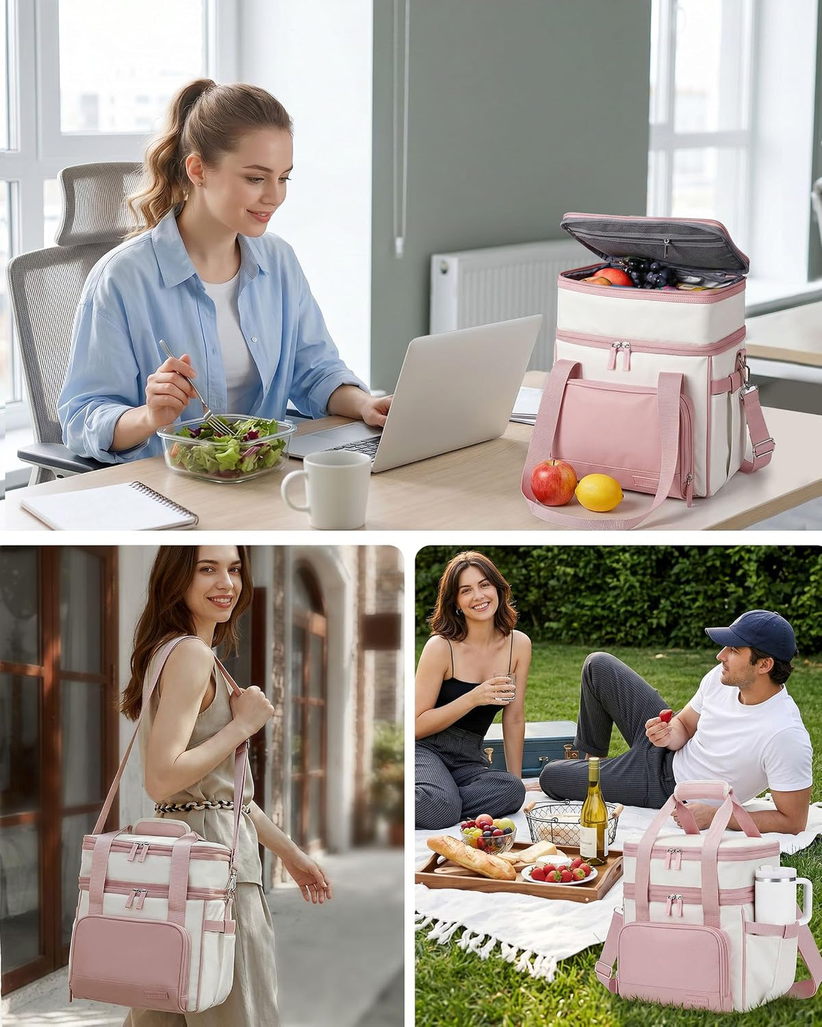 14L Double Layer Lunch Bag for Women, Expandable Cooler Tote Pink