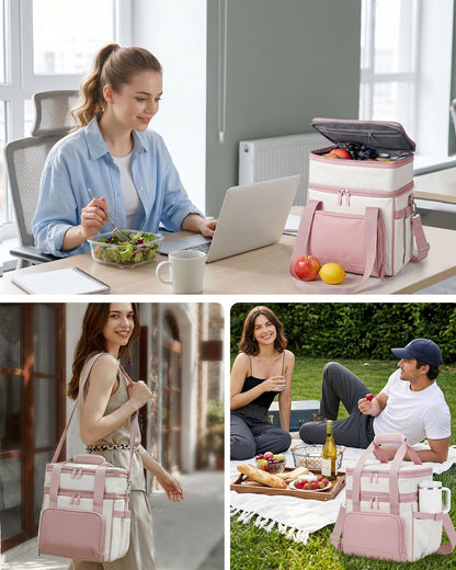 14L Double Layer Lunch Bag for Women, Expandable Cooler Tote Pink