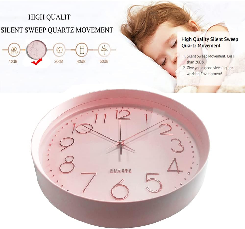 Pink Wall Clock Silent Non-Ticking, 12in Analog Wall Clock in Battery Operated，Cute Decorative Clock for School Office Classroom Bedroom Kitchen Living Room Nursery Decor