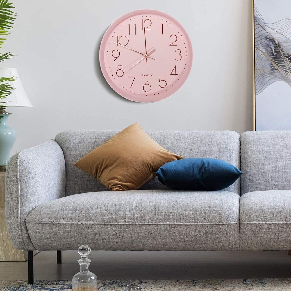 Pink Wall Clock Silent Non-Ticking, 12in Analog Wall Clock in Battery Operated，Cute Decorative Clock for School Office Classroom Bedroom Kitchen Living Room Nursery Decor
