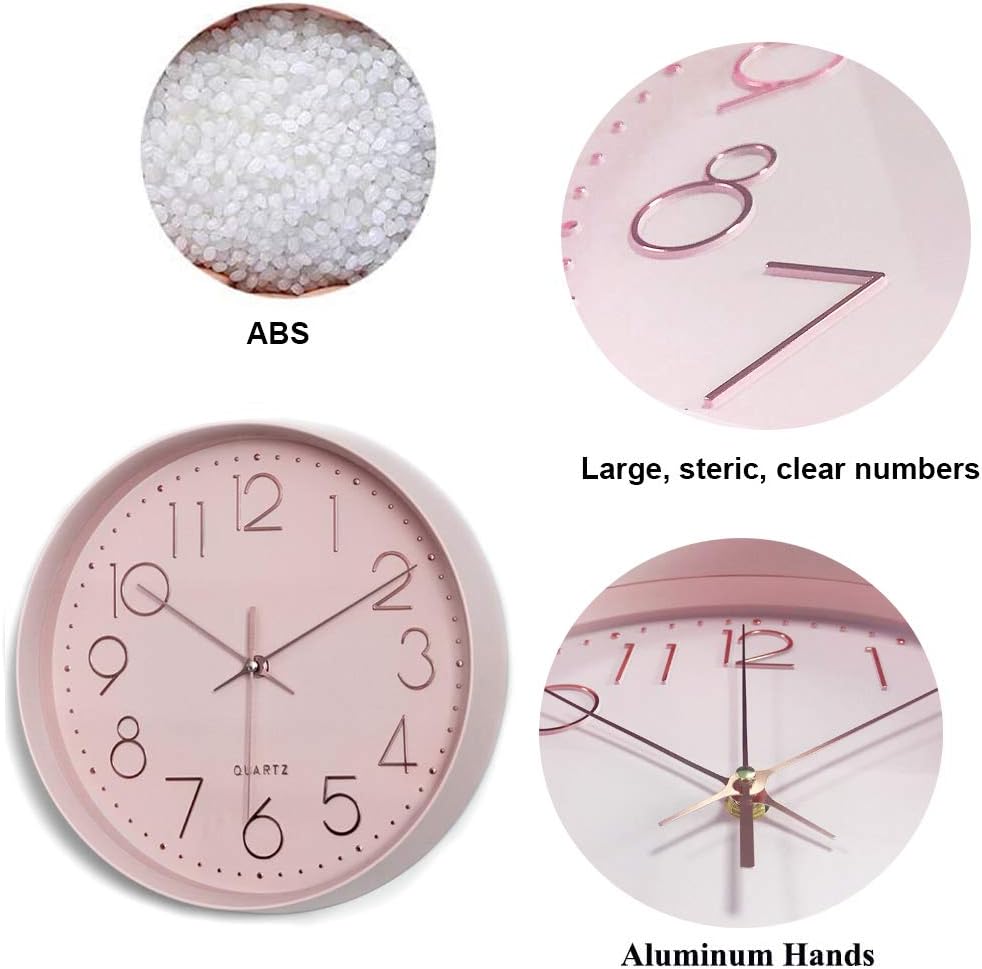 Pink Wall Clock Silent Non-Ticking, 12in Analog Wall Clock in Battery Operated，Cute Decorative Clock for School Office Classroom Bedroom Kitchen Living Room Nursery Decor