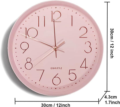 Pink Wall Clock Silent Non-Ticking, 12in Analog Wall Clock in Battery Operated，Cute Decorative Clock for School Office Classroom Bedroom Kitchen Living Room Nursery Decor