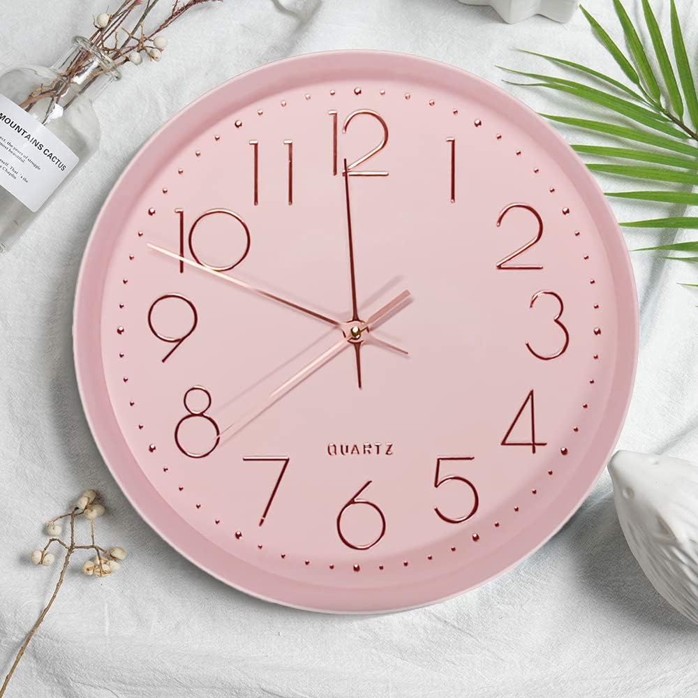 Pink Wall Clock Silent Non-Ticking, 12in Analog Wall Clock in Battery Operated，Cute Decorative Clock for School Office Classroom Bedroom Kitchen Living Room Nursery Decor