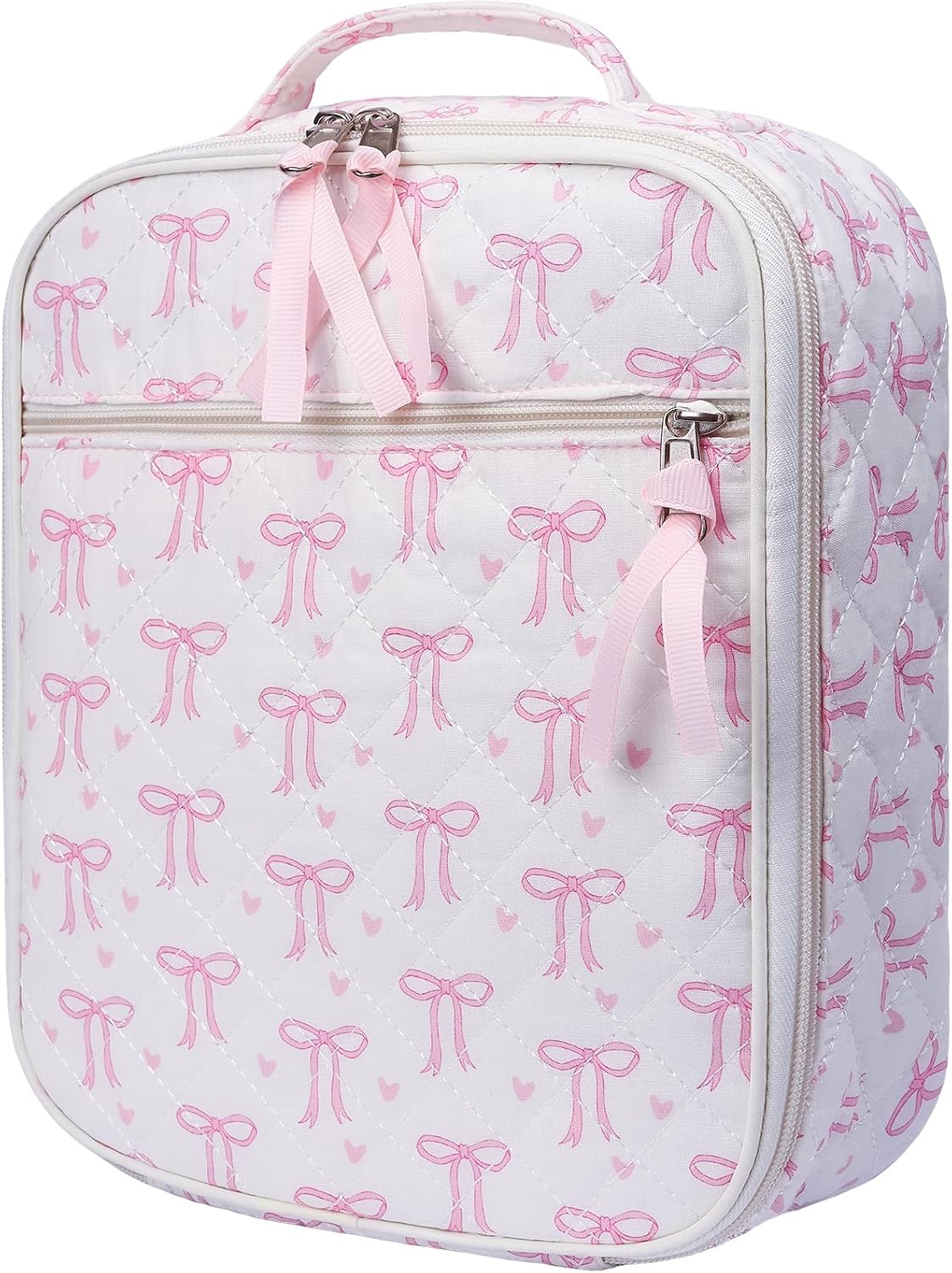 Cotton Quilted Lunch Box for Women, Cute Insulated Lunch Bag, Pink Bow Lunch Tote Bag for Work Picnic Travel Office(pink bow heart, M)