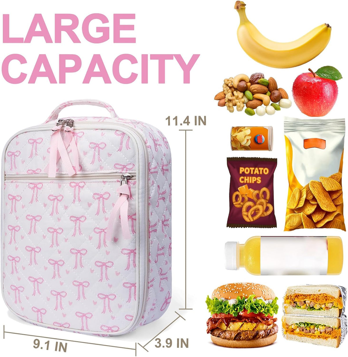 Cotton Quilted Lunch Box for Women, Cute Insulated Lunch Bag, Pink Bow Lunch Tote Bag for Work Picnic Travel Office(pink bow heart, M)