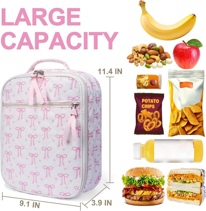 Cotton Quilted Lunch Box for Women, Cute Insulated Lunch Bag, Pink Bow Lunch Tote Bag for Work Picnic Travel Office(pink bow heart, M)