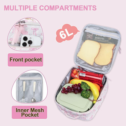 Cotton Quilted Lunch Box for Women, Cute Insulated Lunch Bag, Pink Bow Lunch Tote Bag for Work Picnic Travel Office(pink bow heart, M)