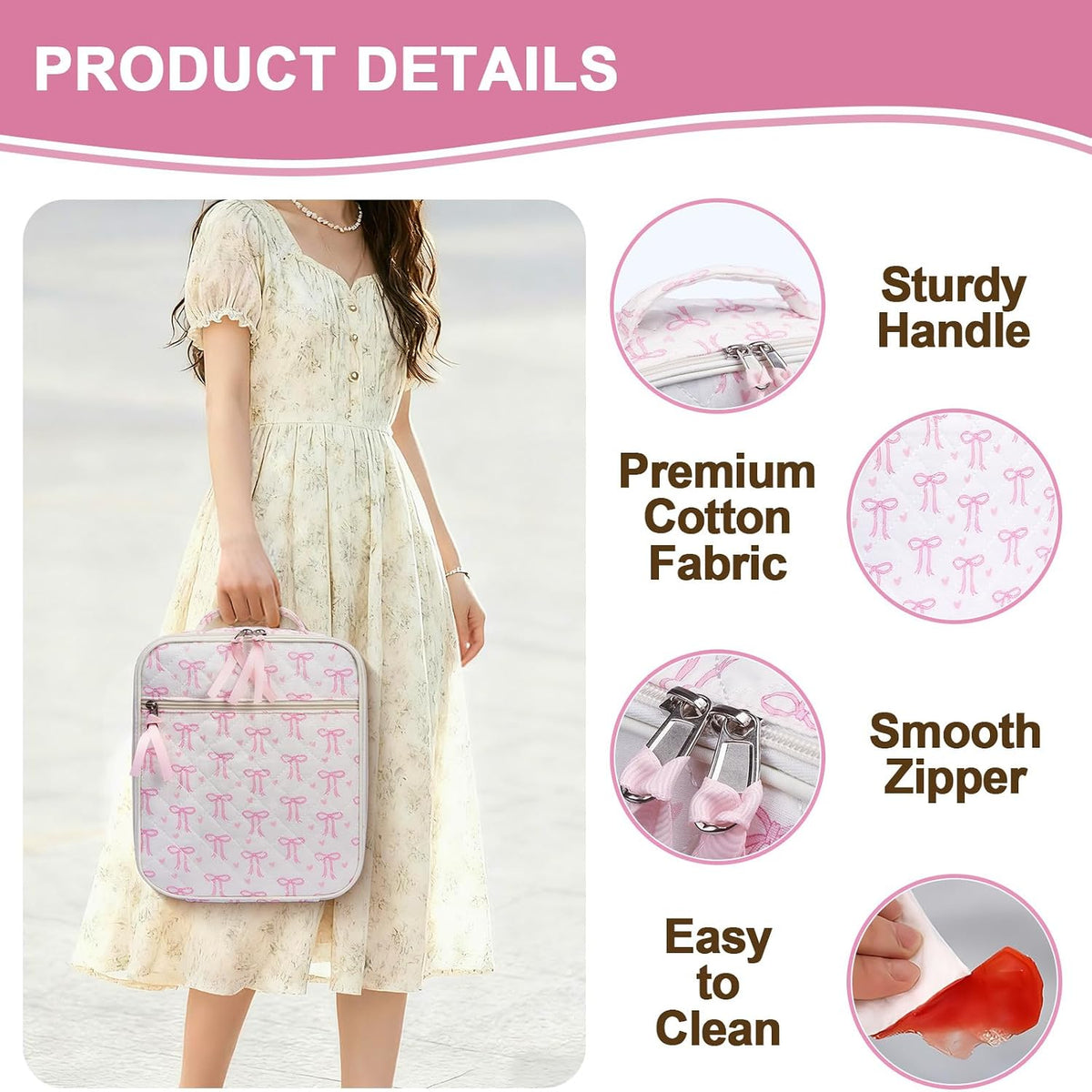 Cotton Quilted Lunch Box for Women, Cute Insulated Lunch Bag, Pink Bow Lunch Tote Bag for Work Picnic Travel Office(pink bow heart, M)