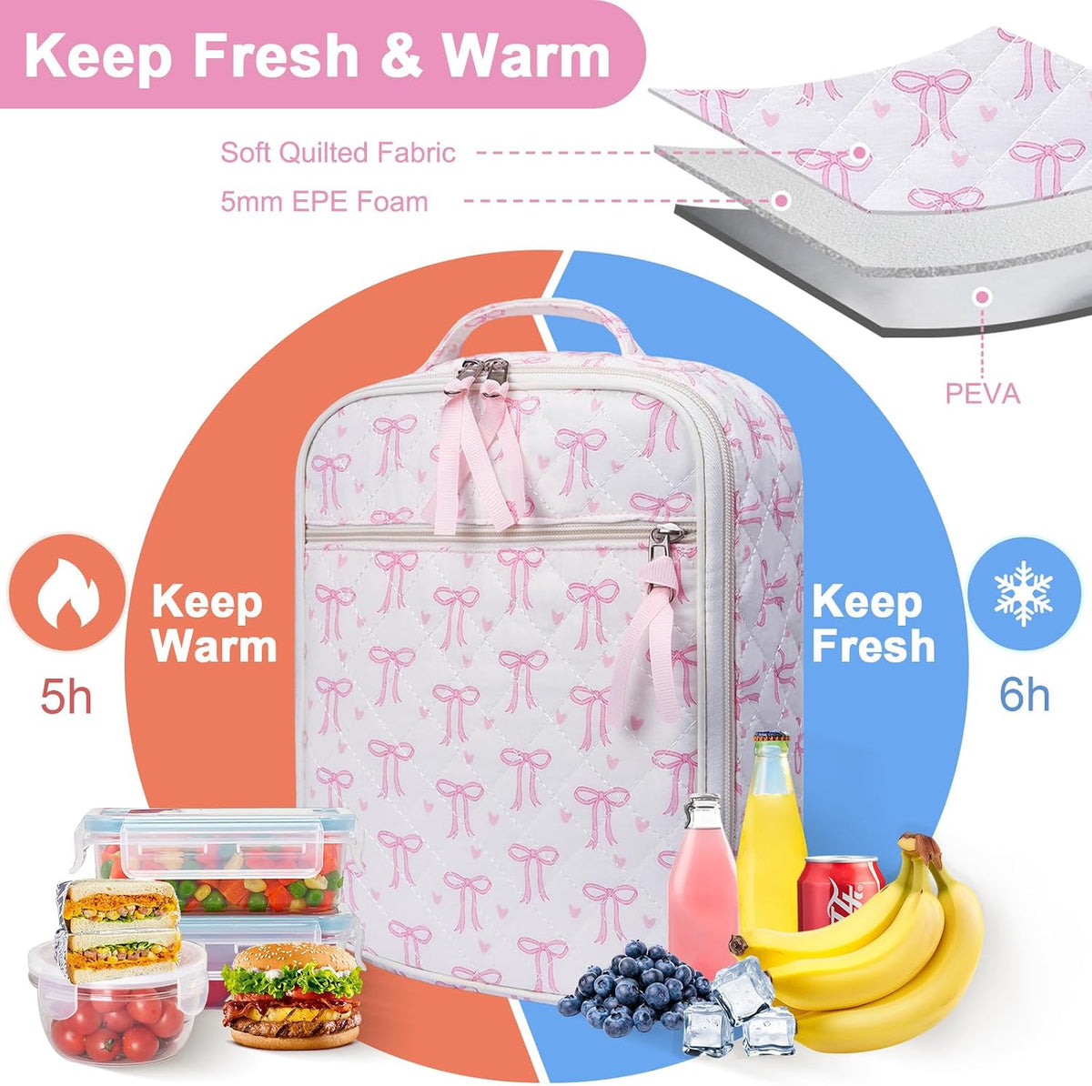 Cotton Quilted Lunch Box for Women, Cute Insulated Lunch Bag, Pink Bow Lunch Tote Bag for Work Picnic Travel Office(pink bow heart, M)