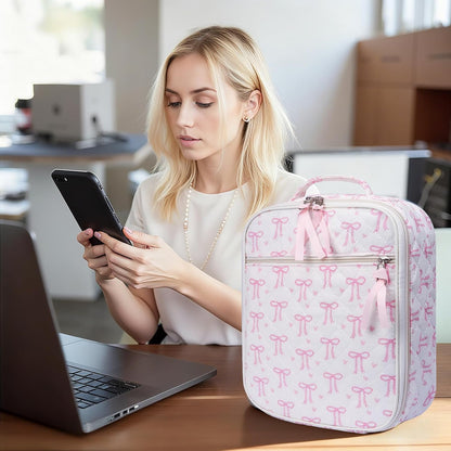 Cotton Quilted Lunch Box for Women, Cute Insulated Lunch Bag, Pink Bow Lunch Tote Bag for Work Picnic Travel Office(pink bow heart, M)