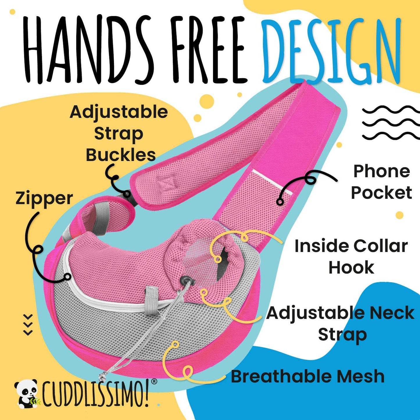 Cuddlissimo! Pet Sling Carrier - Carefully Sized for Teacup & Toy Breed Puppies & Cats (Under 6lb) - Soft Pouch for Small Dogs, Yorkies, Chihuahuas - Ideal for Hands-Free Travel & Walks (Pink)