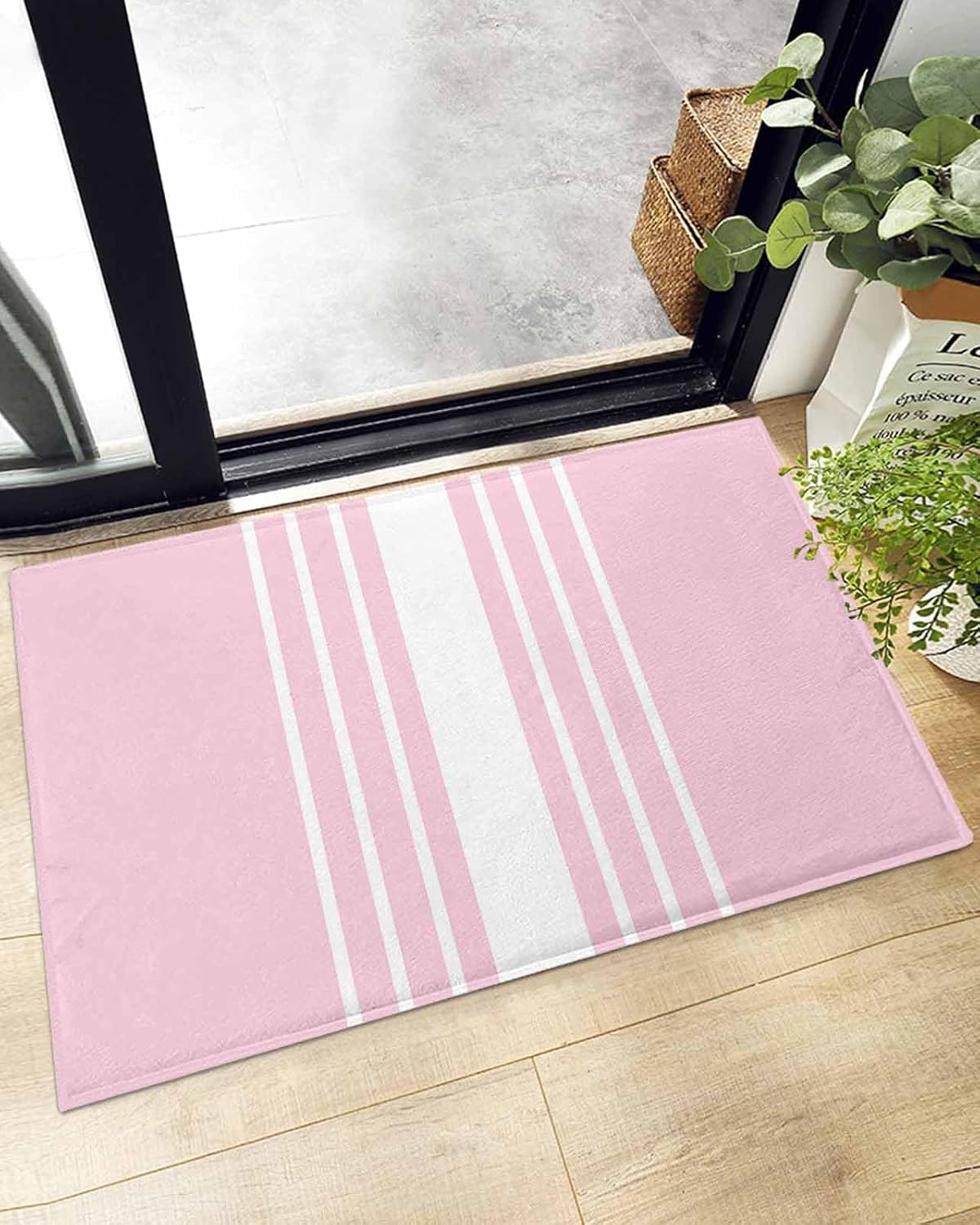 Bathroom Rug Bath Mat,Modern Pink Stripes Absorbent Non Slip Soft Microfiber Shaggy Plush Bath Rugs for Shower,Abstract Geometric Line 16"x24"