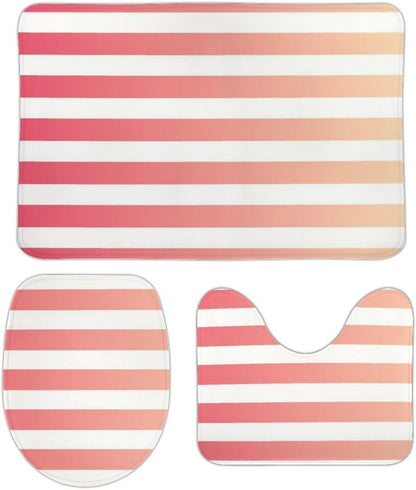 3 Pieces Bath Rug Sets, Non-Slip Absorbent Bathroom Mats, Girly Pink Peach Ombre Stripes Bath Carpet with U-Shaped Contour Rug & Toilet Lid Cover