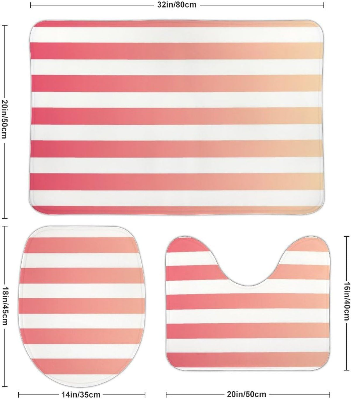 3 Pieces Bath Rug Sets, Non-Slip Absorbent Bathroom Mats, Girly Pink Peach Ombre Stripes Bath Carpet with U-Shaped Contour Rug & Toilet Lid Cover