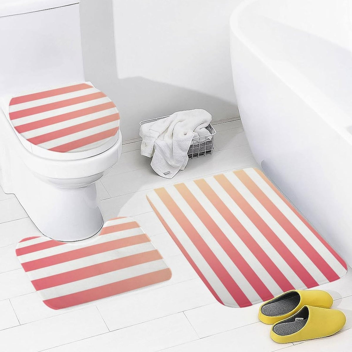 3 Pieces Bath Rug Sets, Non-Slip Absorbent Bathroom Mats, Girly Pink Peach Ombre Stripes Bath Carpet with U-Shaped Contour Rug & Toilet Lid Cover