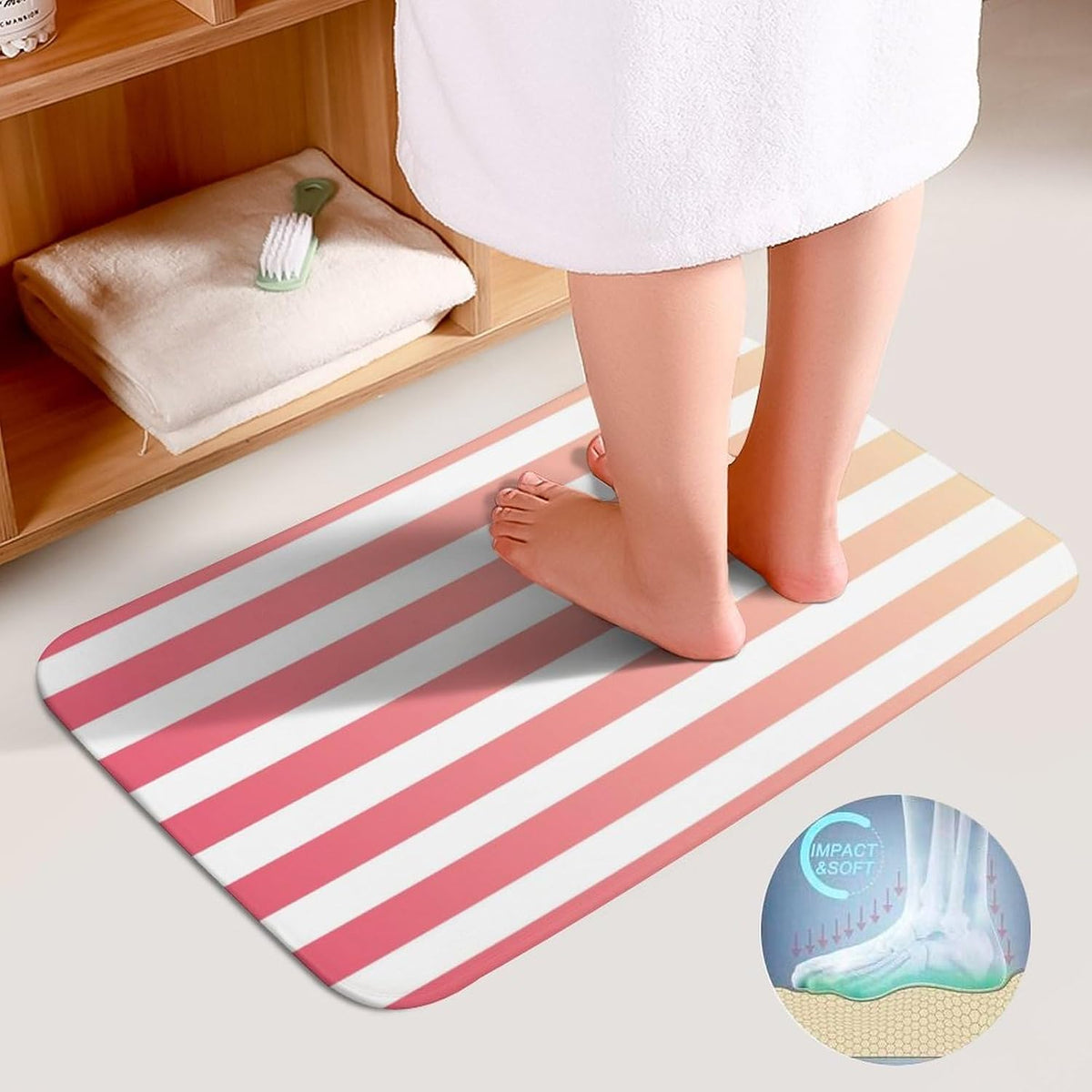 3 Pieces Bath Rug Sets, Non-Slip Absorbent Bathroom Mats, Girly Pink Peach Ombre Stripes Bath Carpet with U-Shaped Contour Rug & Toilet Lid Cover