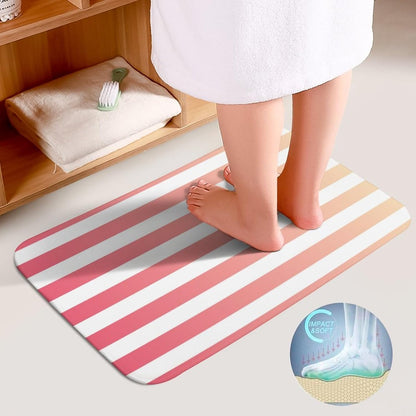 3 Pieces Bath Rug Sets, Non-Slip Absorbent Bathroom Mats, Girly Pink Peach Ombre Stripes Bath Carpet with U-Shaped Contour Rug & Toilet Lid Cover