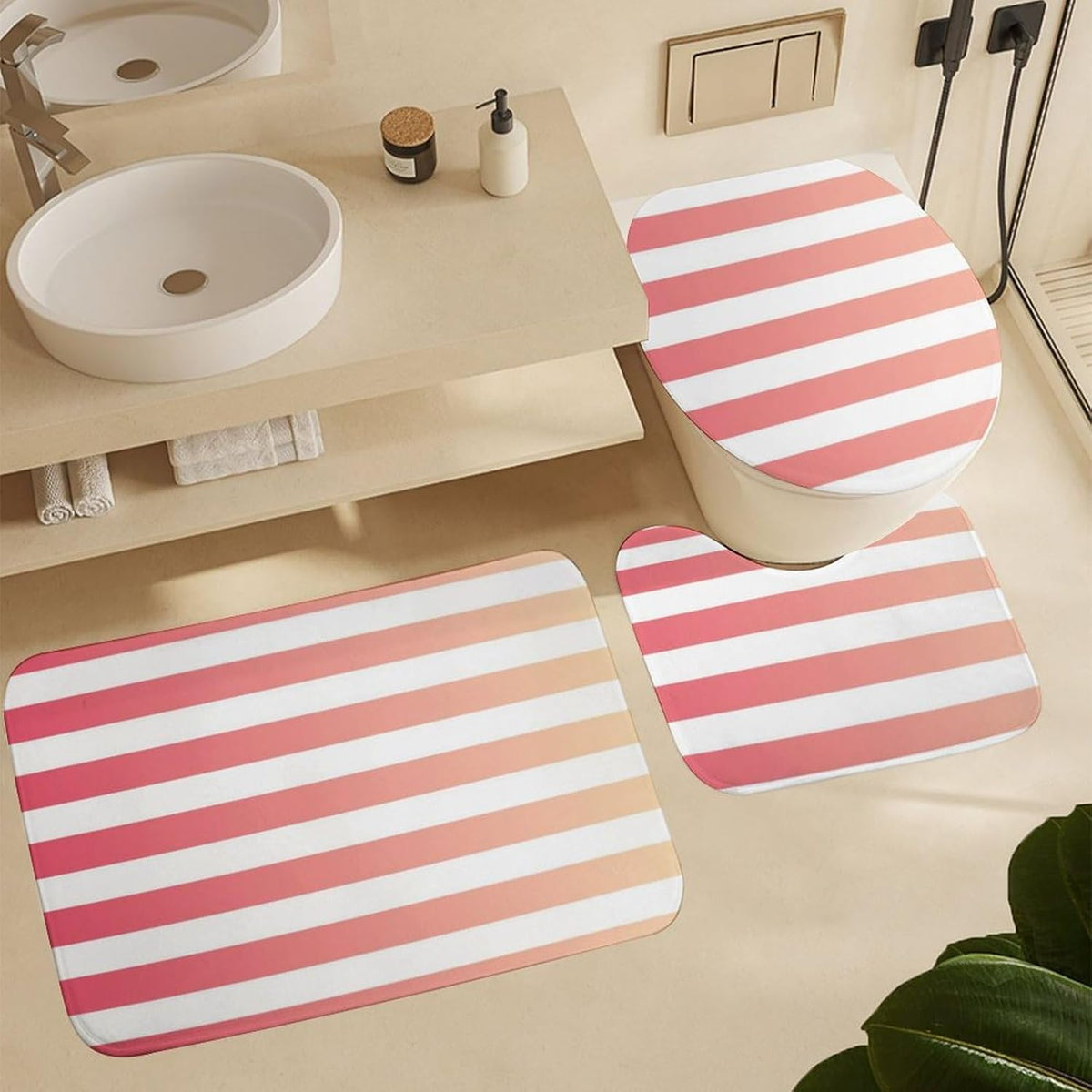 3 Pieces Bath Rug Sets, Non-Slip Absorbent Bathroom Mats, Girly Pink Peach Ombre Stripes Bath Carpet with U-Shaped Contour Rug & Toilet Lid Cover