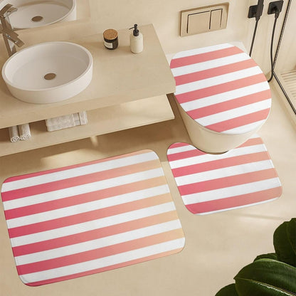 3 Pieces Bath Rug Sets, Non-Slip Absorbent Bathroom Mats, Girly Pink Peach Ombre Stripes Bath Carpet with U-Shaped Contour Rug & Toilet Lid Cover