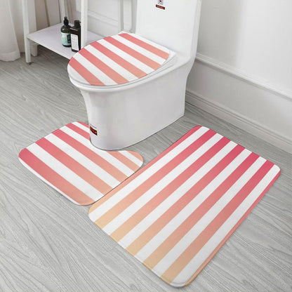 3 Pieces Bath Rug Sets, Non-Slip Absorbent Bathroom Mats, Girly Pink Peach Ombre Stripes Bath Carpet with U-Shaped Contour Rug & Toilet Lid Cover
