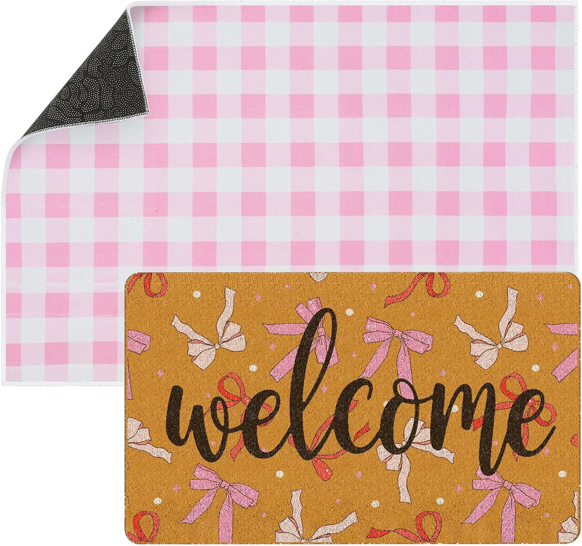 Pink Bow Layered Doormat Set, 2 Pcs 23x35 in Coquette Welcome Mat