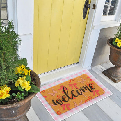 Pink Bow Layered Doormat Set, 2 Pcs 23x35 in Coquette Welcome Mat