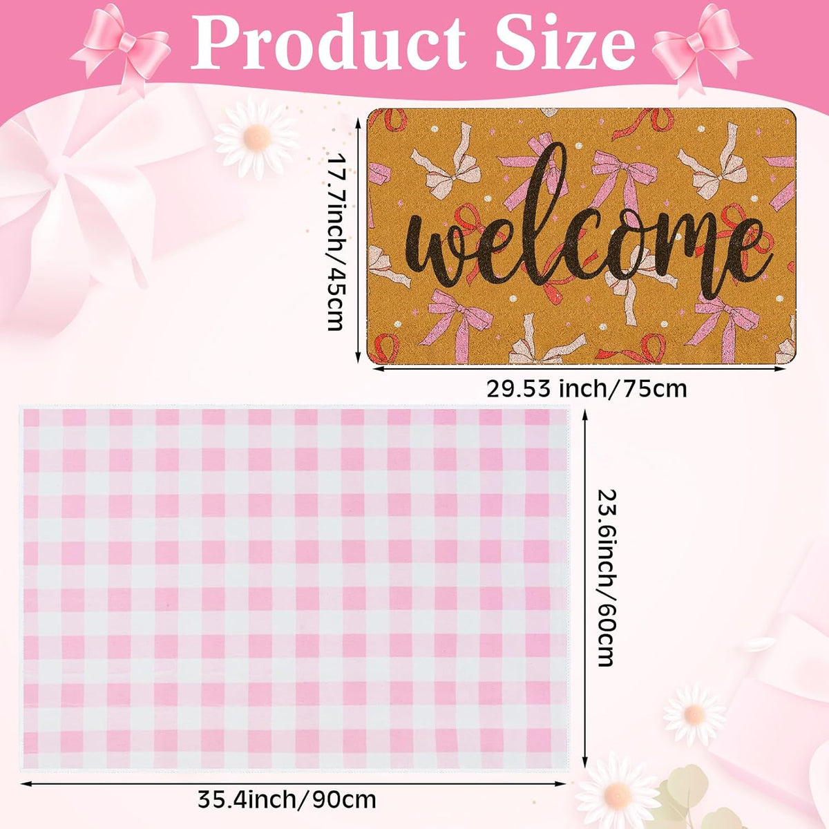 Pink Bow Layered Doormat Set, 2 Pcs 23x35 in Coquette Welcome Mat