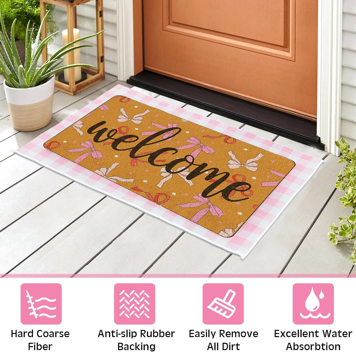 Pink Bow Layered Doormat Set, 2 Pcs 23x35 in Coquette Welcome Mat