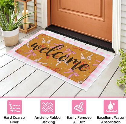 Pink Bow Layered Doormat Set, 2 Pcs 23x35 in Coquette Welcome Mat