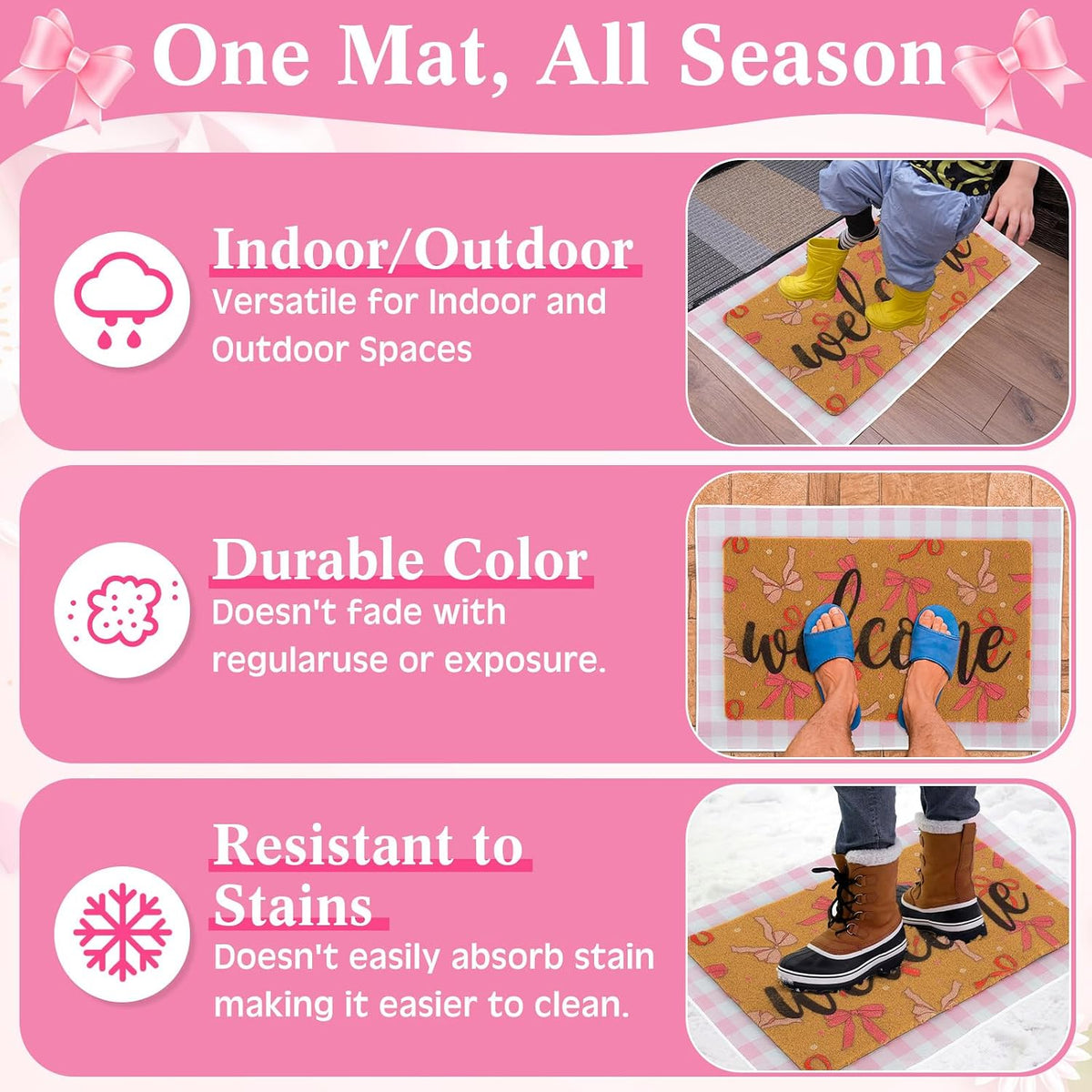 Pink Bow Layered Doormat Set, 2 Pcs 23x35 in Coquette Welcome Mat