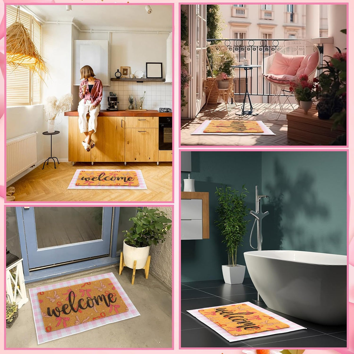 Pink Bow Layered Doormat Set, 2 Pcs 23x35 in Coquette Welcome Mat