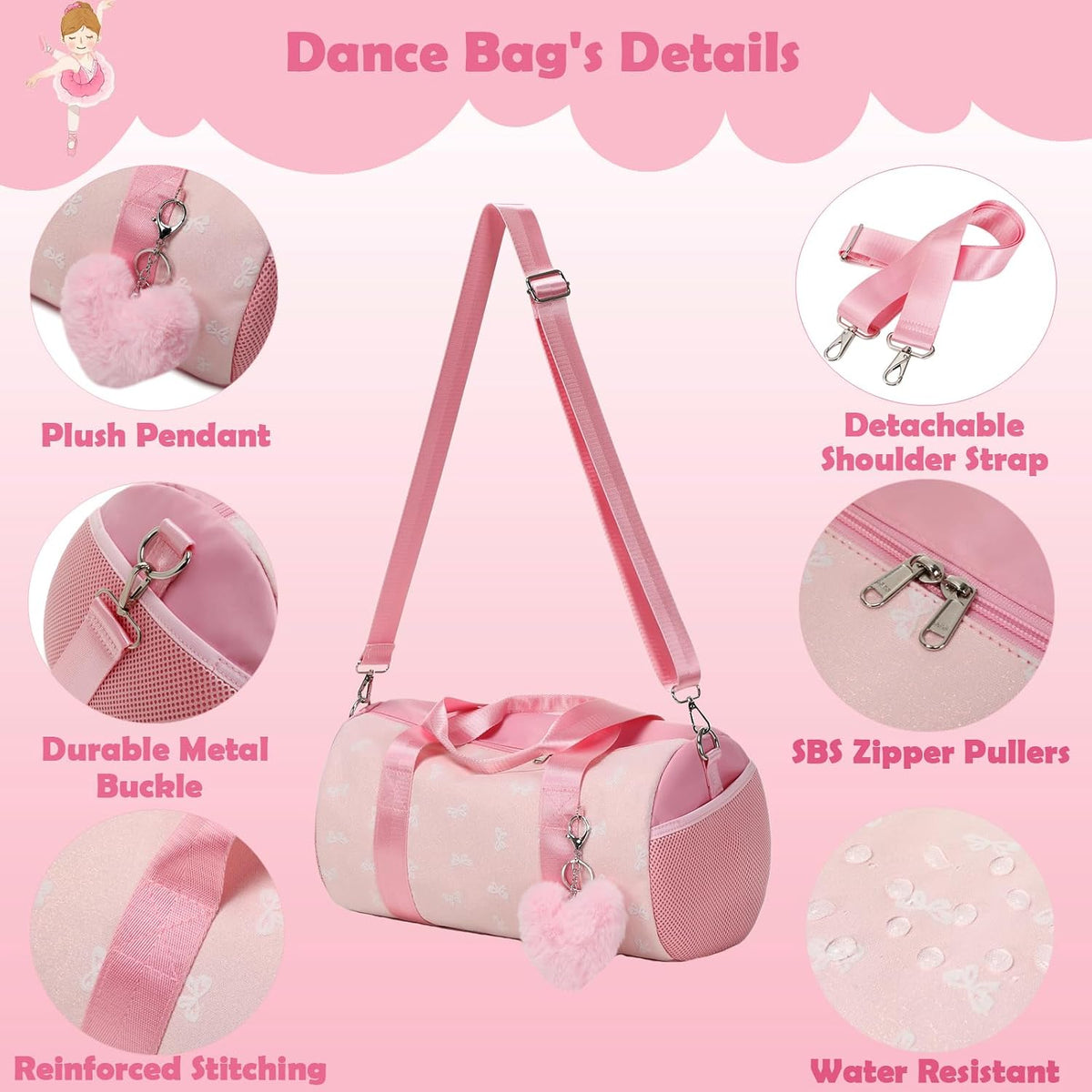 Little Girls Glitter Bag with Waterproof Wet Pocket for Ballet