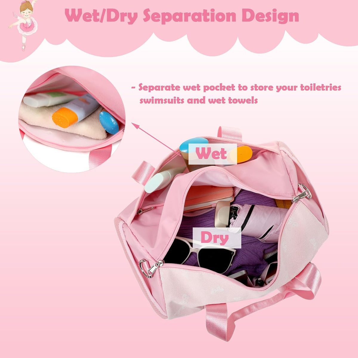 Little Girls Glitter Bag with Waterproof Wet Pocket for Ballet
