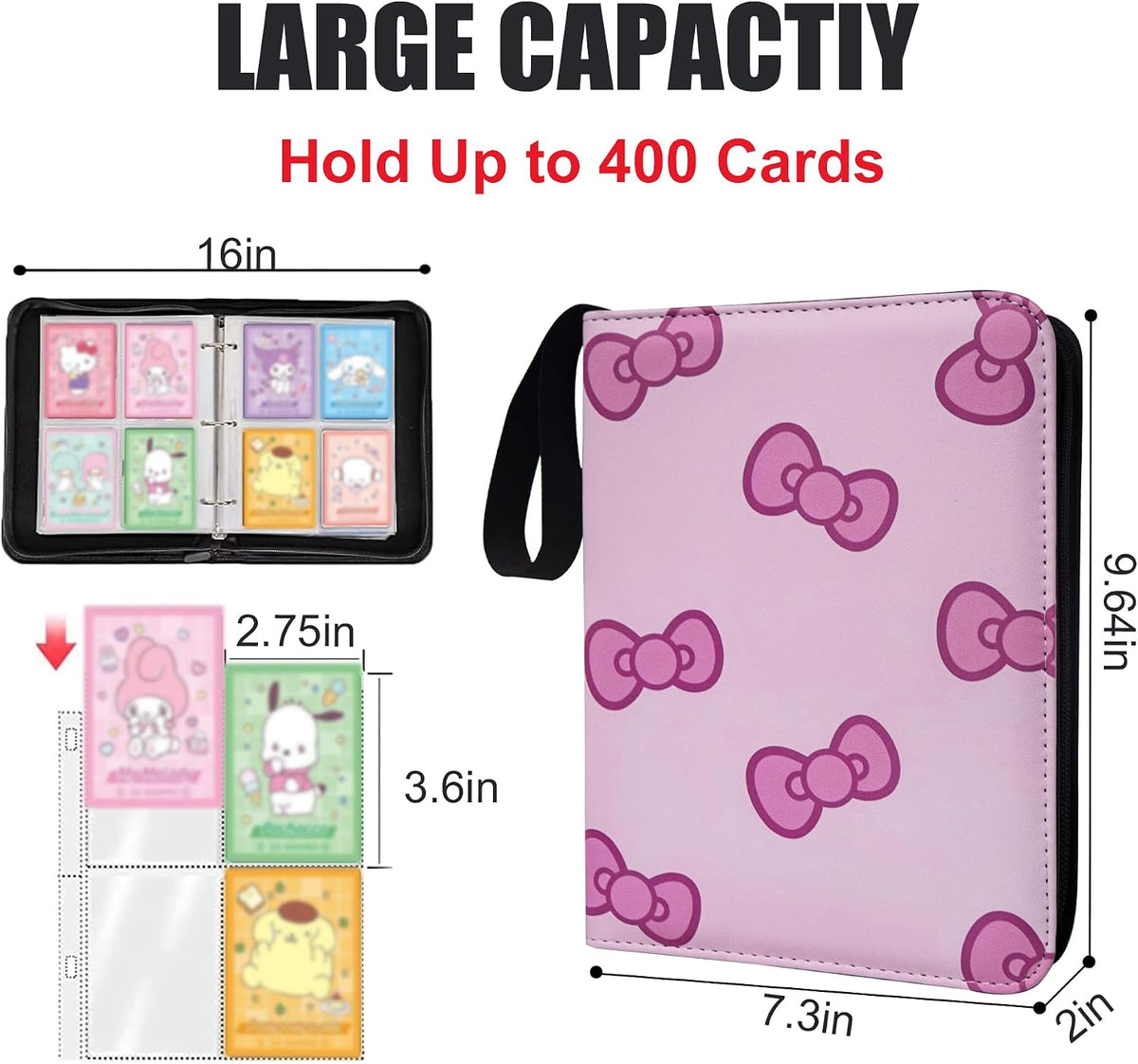 400 Pockets Pink Card Binder,Portable Shoulder Strap,Waterproof PU Bag,B292