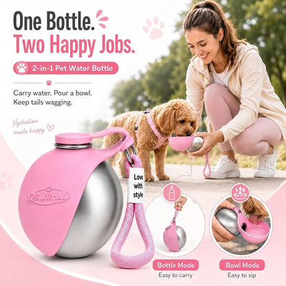 Dog Water Bottle Portable Travel Pet 2-in-1 Stainless Steel Bowl