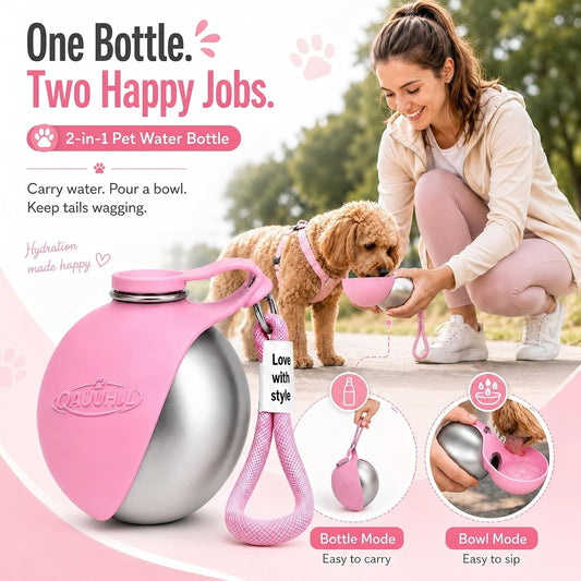 Dog Water Bottle Portable Travel Pet 2-in-1 Stainless Steel Bowl