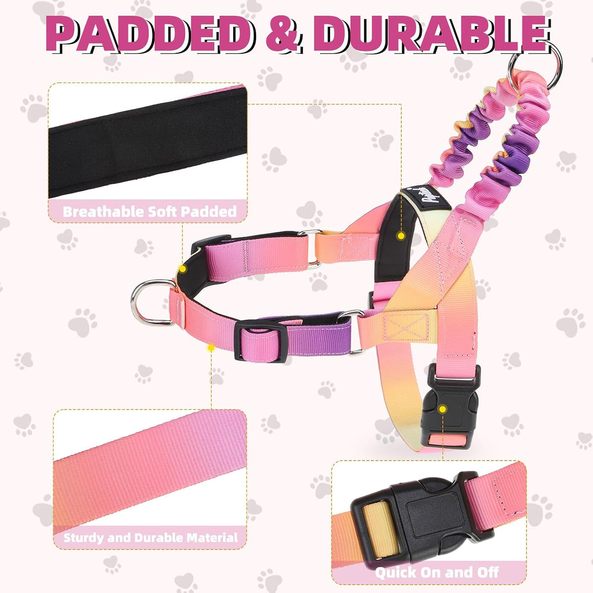 No Pull Dog Harness Small Sized Dog, Adjustable Reflective Pet Vest Harness with Bungee Handle, Escape Proof No Choke Harness for Small Dogs Walking Training, Pink & Purple L