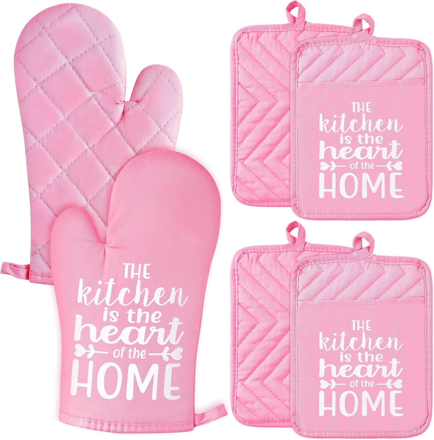 6Pcs Funny Oven Mitts Pot Holders The Kitchen is The Heart of The Home Heat Resistant Hot Pad Machine Washable Gloves with Hanging Loop Pocket Hot Pad for Baking Cooking Pink