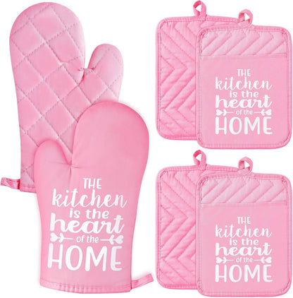 6Pcs Funny Oven Mitts Pot Holders The Kitchen is The Heart of The Home Heat Resistant Hot Pad Machine Washable Gloves with Hanging Loop Pocket Hot Pad for Baking Cooking Pink