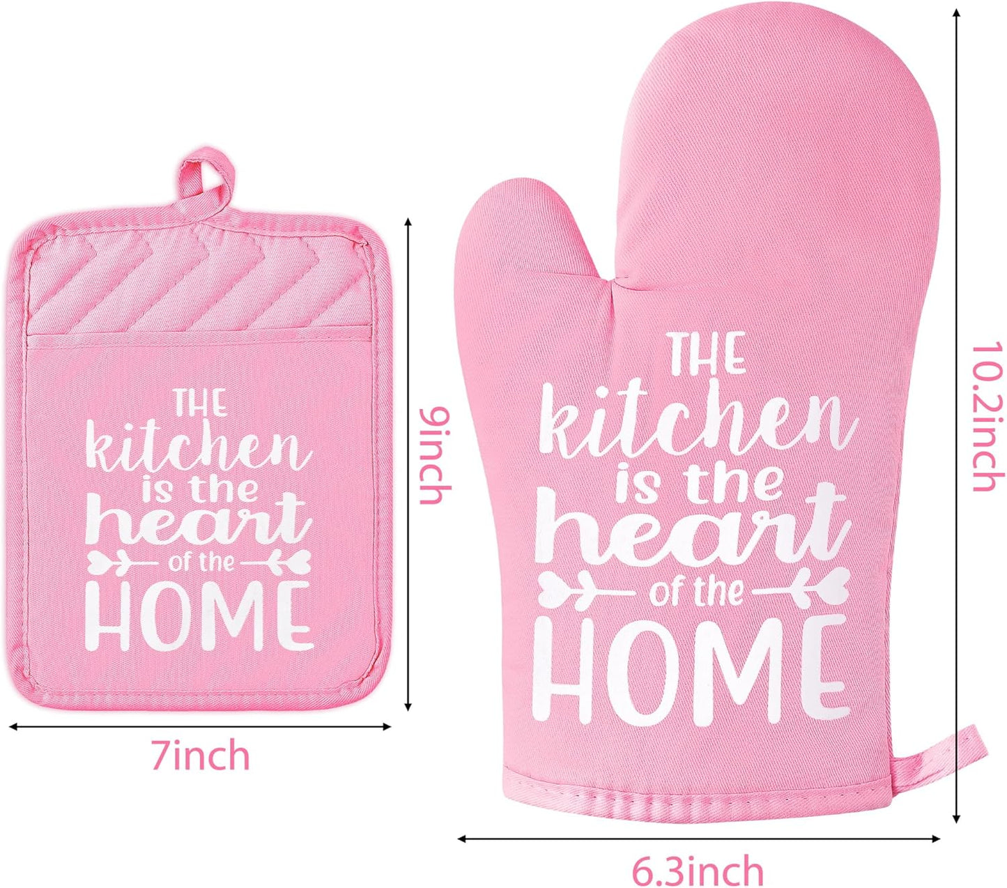 6Pcs Funny Oven Mitts Pot Holders The Kitchen is The Heart of The Home Heat Resistant Hot Pad Machine Washable Gloves with Hanging Loop Pocket Hot Pad for Baking Cooking Pink
