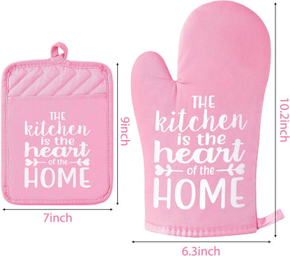 6Pcs Funny Oven Mitts Pot Holders The Kitchen is The Heart of The Home Heat Resistant Hot Pad Machine Washable Gloves with Hanging Loop Pocket Hot Pad for Baking Cooking Pink