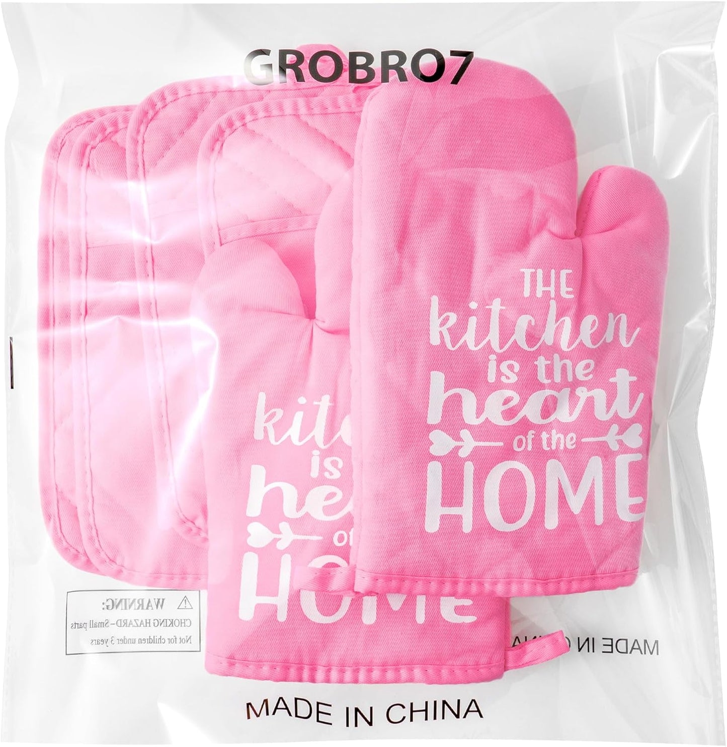 6Pcs Funny Oven Mitts Pot Holders The Kitchen is The Heart of The Home Heat Resistant Hot Pad Machine Washable Gloves with Hanging Loop Pocket Hot Pad for Baking Cooking Pink