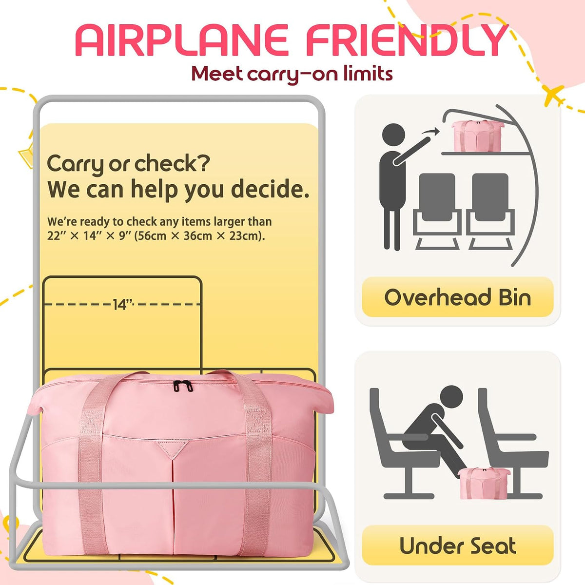 Duffle Bag for Travel with Trolley Sleeve, Gym Bag, Pink