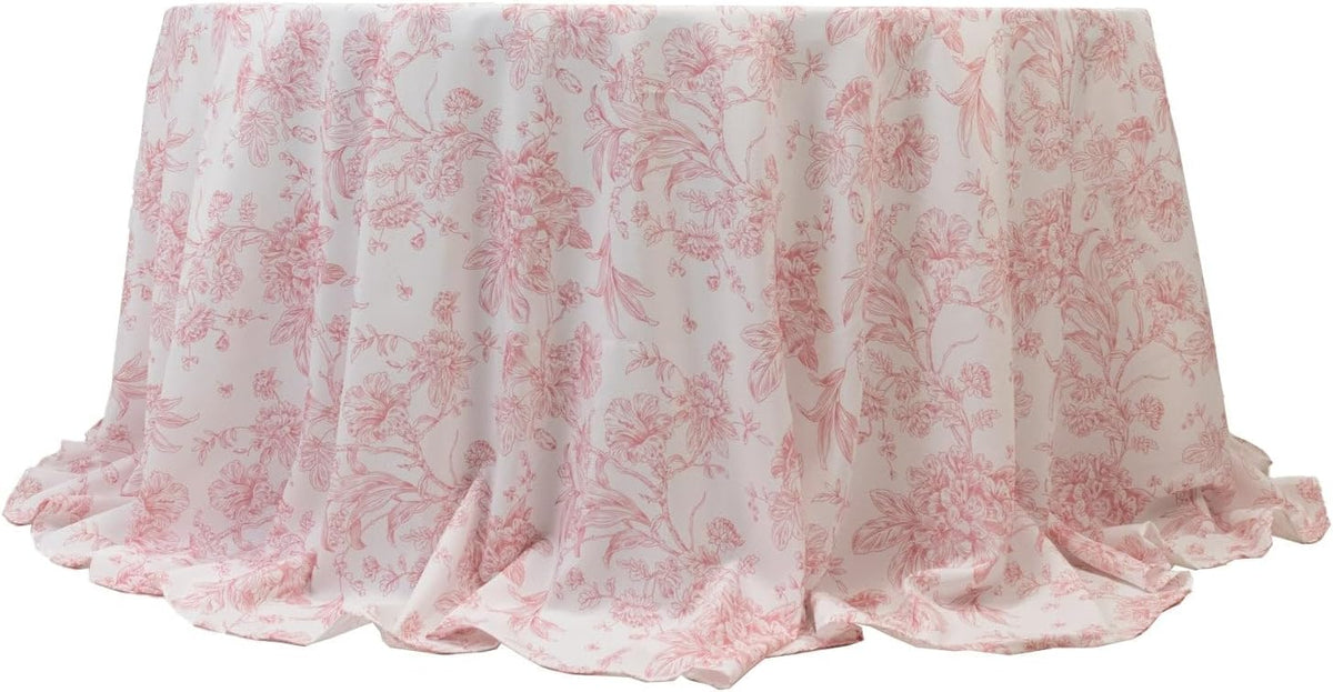 Polyester Round Tablecloth 132" White with Pink French Toile Pattern - Sophisticated Table Cover for Chic Weddings & Events