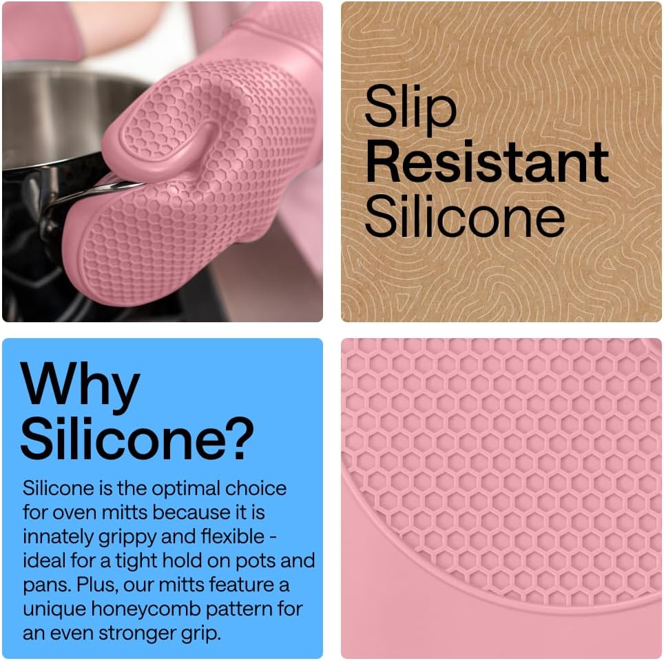 Silicone Oven Mitts, 550F Heat Resistant, 12.5x8.3, Pink