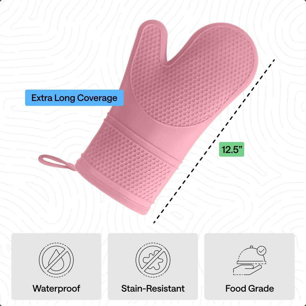 Silicone Oven Mitts, 550F Heat Resistant, 12.5x8.3, Pink