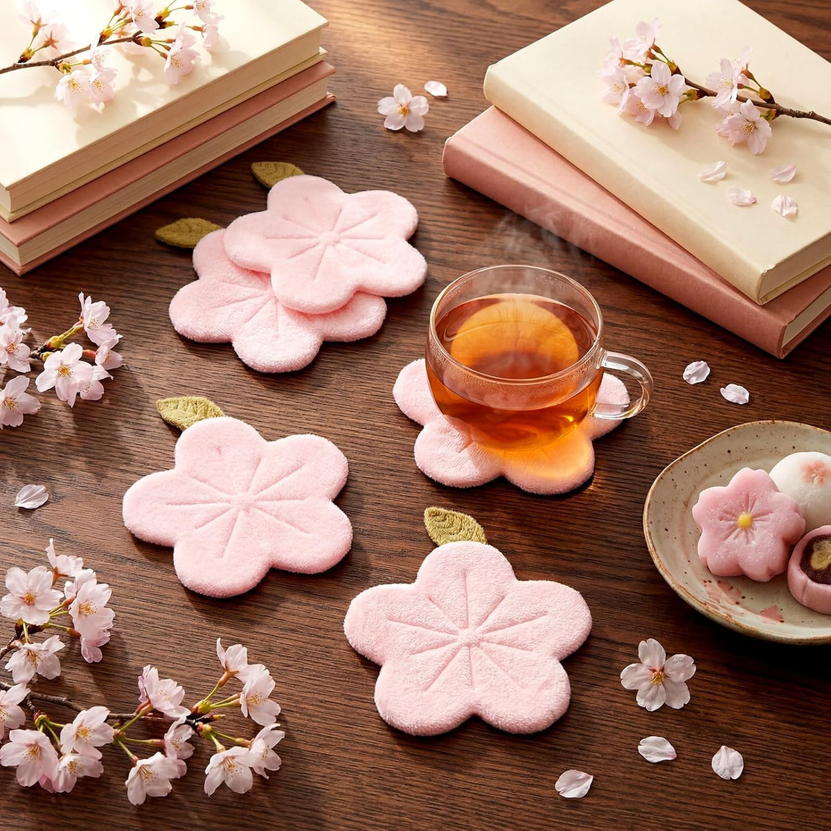 8 Pcs Sakura Cherry Blossom Coasters 4 Inch Cute Kawaii Pink Flower Cup Mats Soft Decorative Drink Coasters for Desk Drink Table Tea Mug Aesthetic Home Office Decor Housewarming Gift